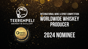 Black and gold background with Teerenpeli and IWSC logos. Teerenpeli Distillery nominated for Worldwide Whiskey Producer.